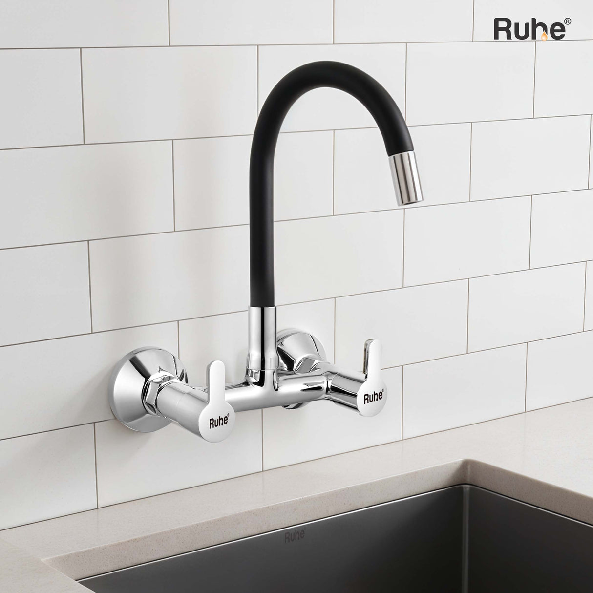 Pavo Wall Mount Kitchen Sink Mixer Tap with Coloured Flexible Silicone Spout