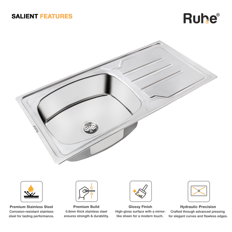 Oval Single Bowl with Drainboard Kitchen Sink (42 x 20 x 9 Inches)