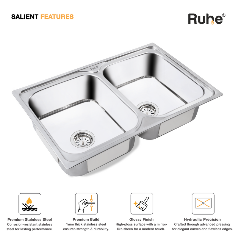 Double Bowl Premium Kitchen Sink (32 x 20 x 8 Inches)