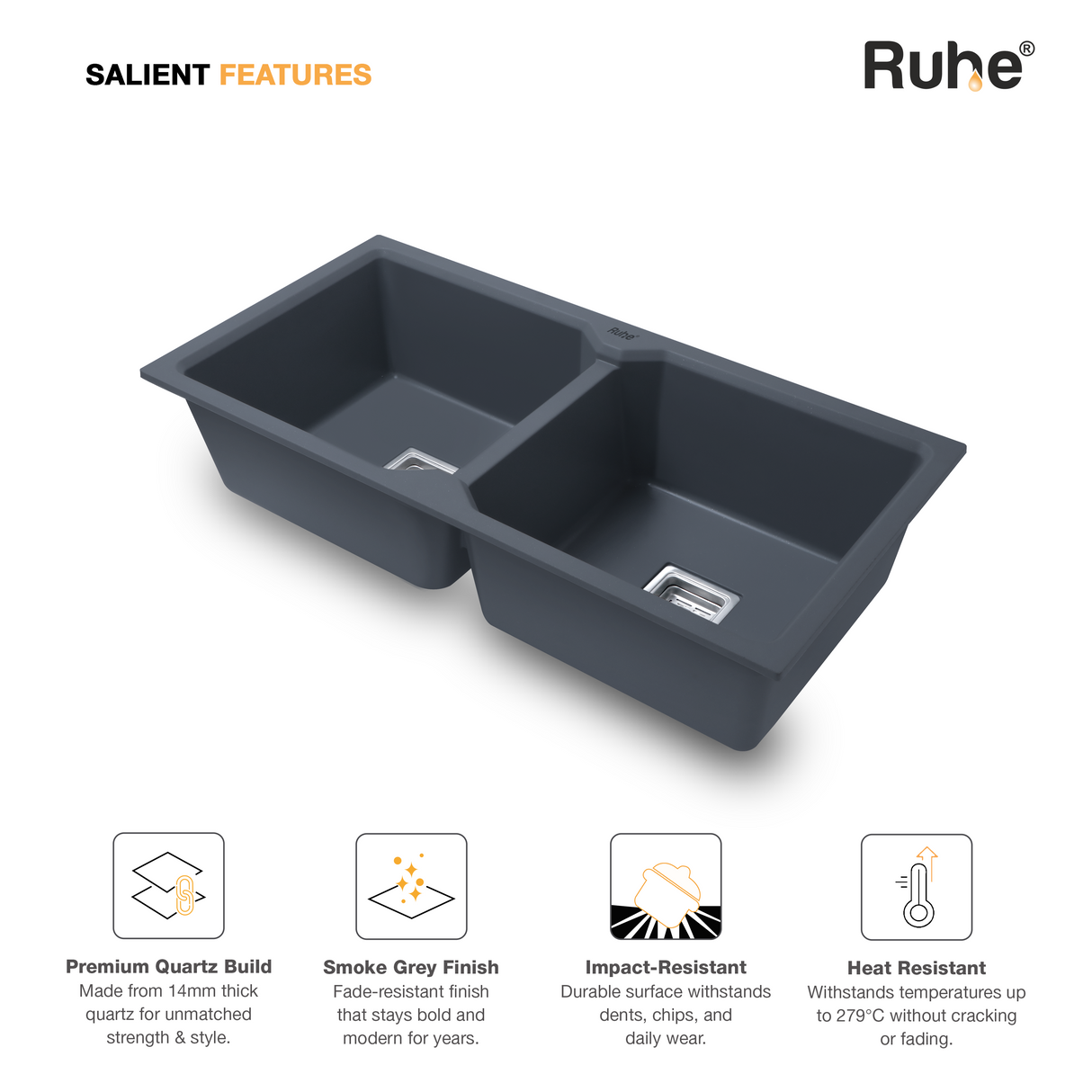 Quartz Double Bowl Kitchen Sink (37 x 18 x 9 Inches)