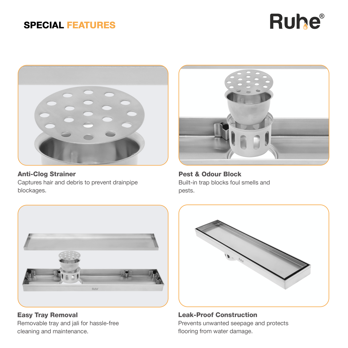 Tile-Insert Shower Drain Channel (5 Inches)