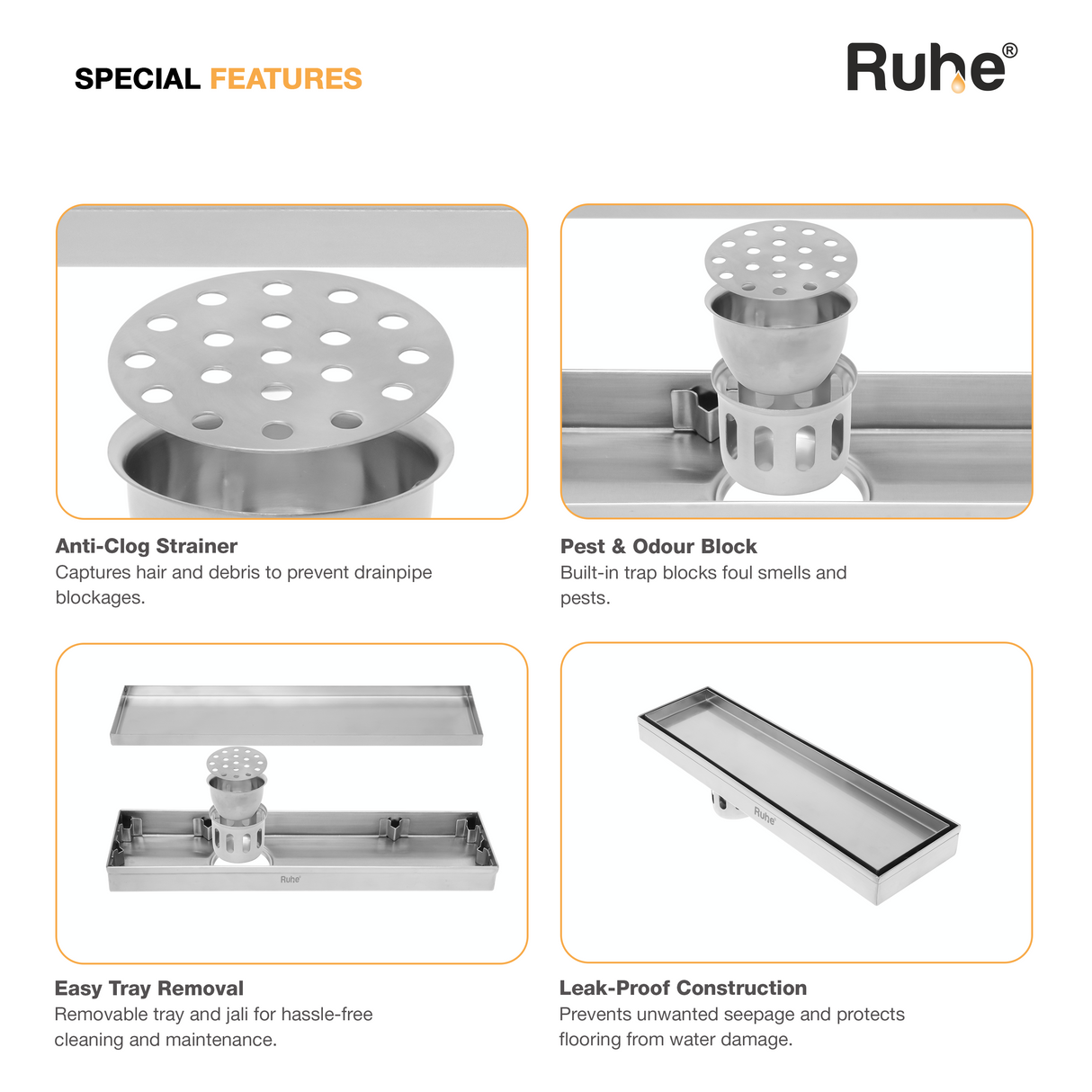 Marble-Insert Shower Drain Channel 5 inches