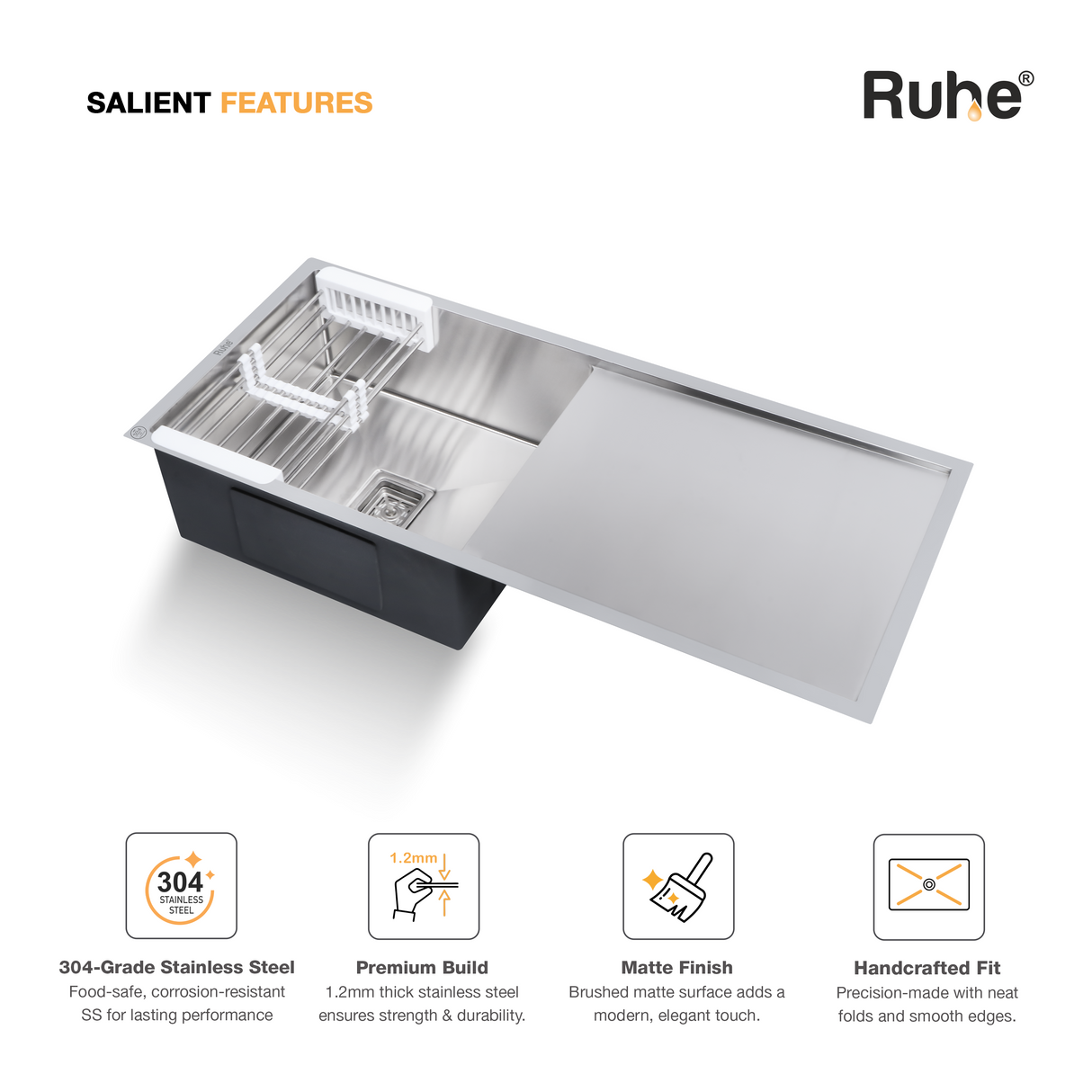 Handmade Single Bowl with Drainboard Kitchen Sink (37 x 18 x 10 Inches)