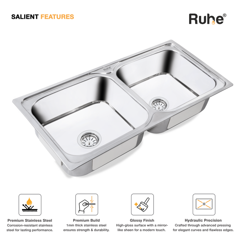Double Bowl Kitchen Sink 304-Grade (37 x 18 x 8 Inches)