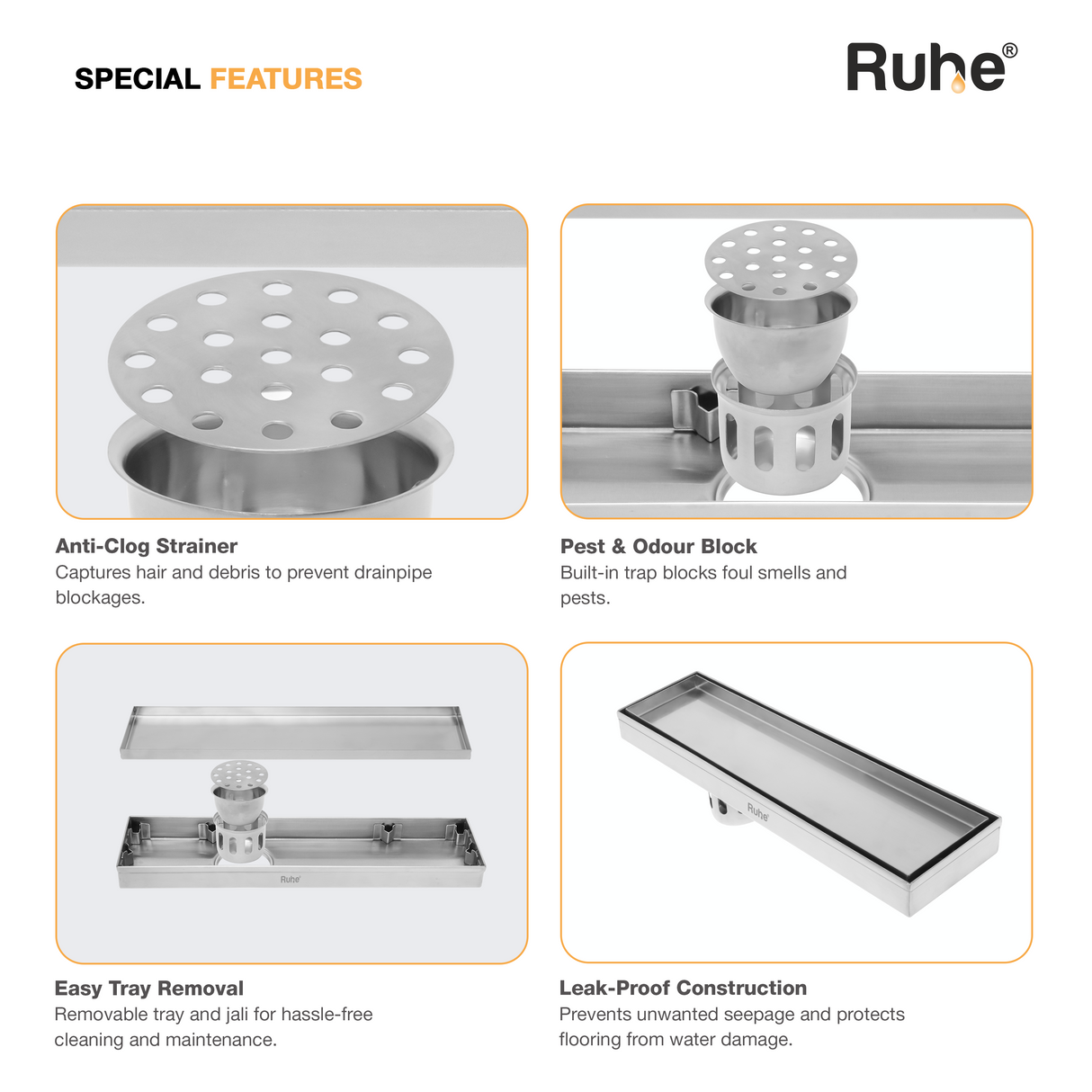 Tile-Insert Shower Drain Channel (4 Inches)