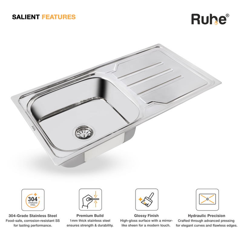 Single Bowl with Drainboard Kitchen Sink 304-Grade (42 x 20 x 9 Inches)