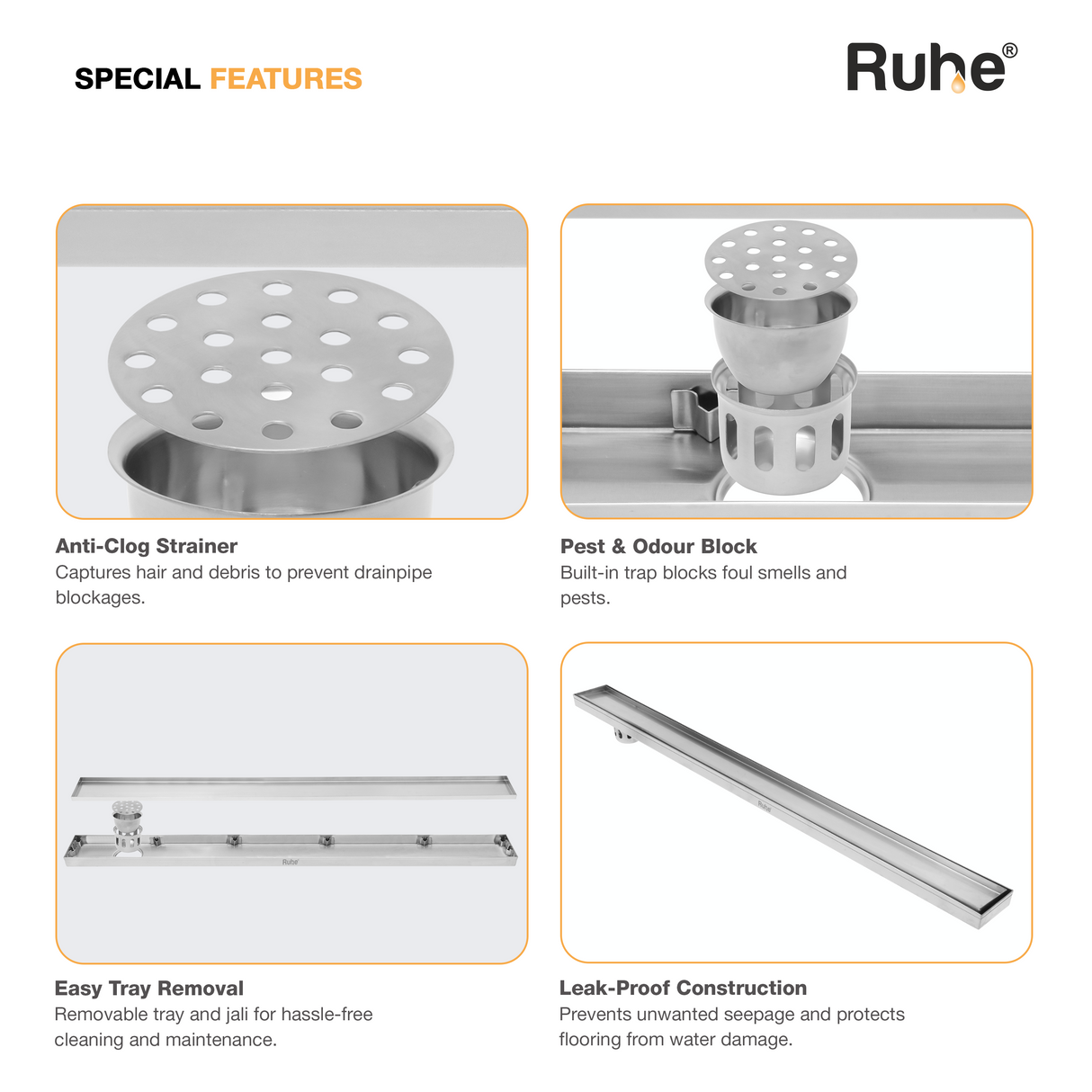 Tile-Insert Shower Drain Channel (4 Inches)