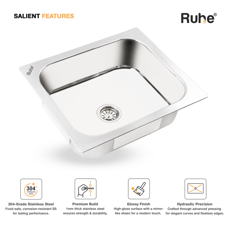 Single Bowl Kitchen Sink 304-Grade (24 x 18 x 9 Inches)