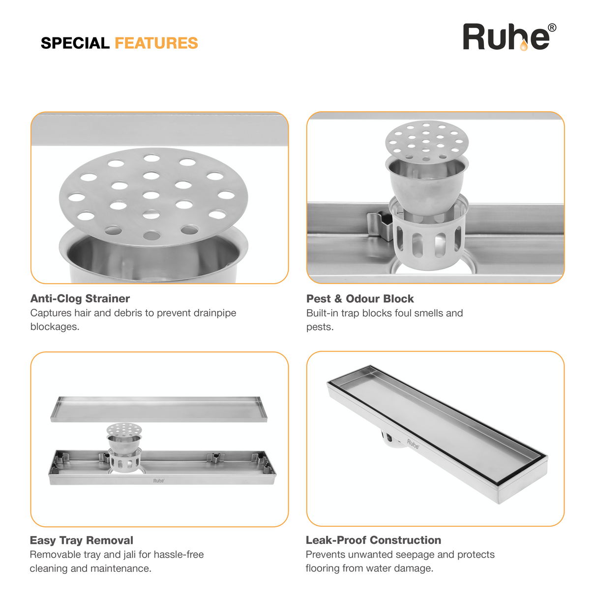 Marble-Insert Shower Drain Channel (4 Inches)