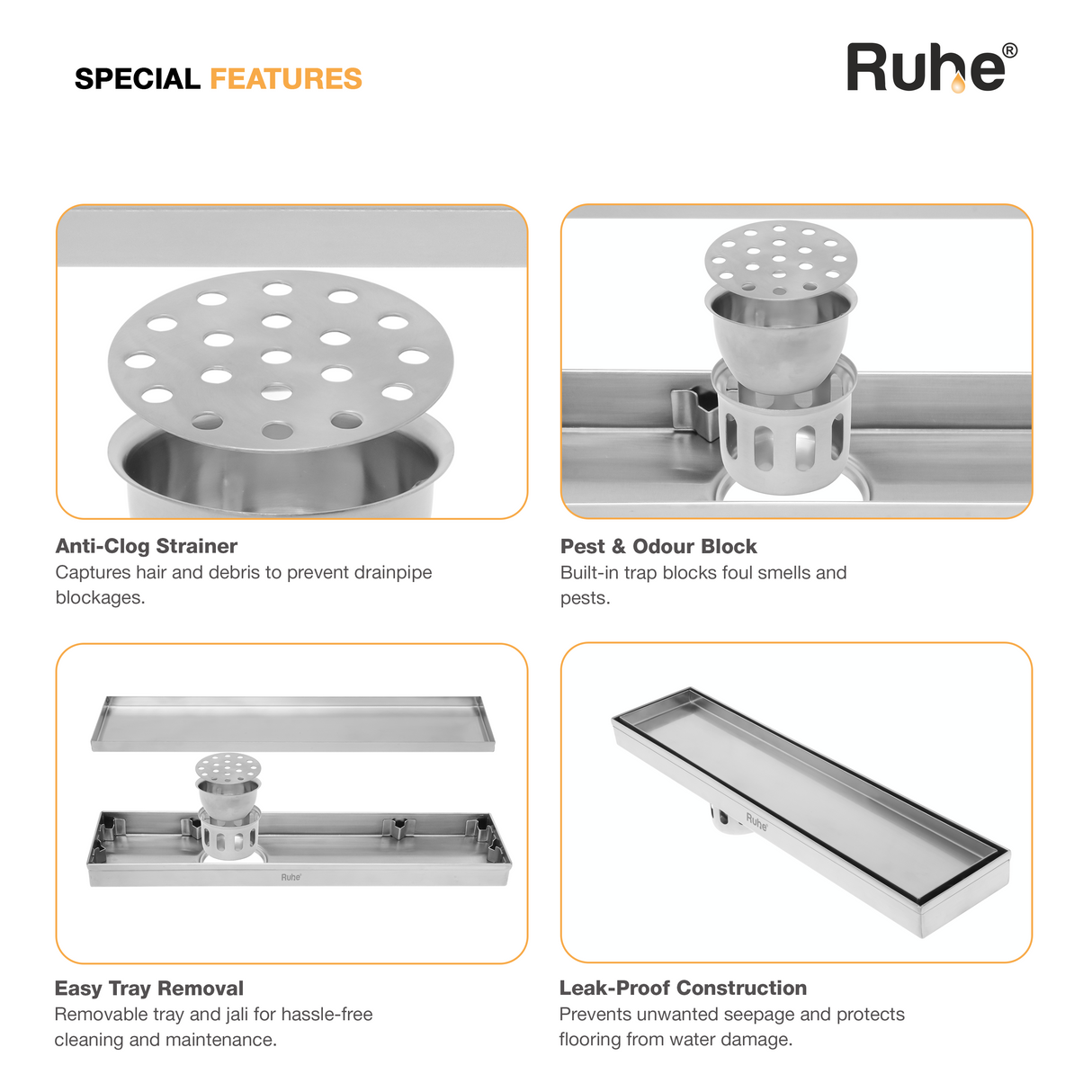 Tile-Insert Shower Drain Channel (4 Inches)