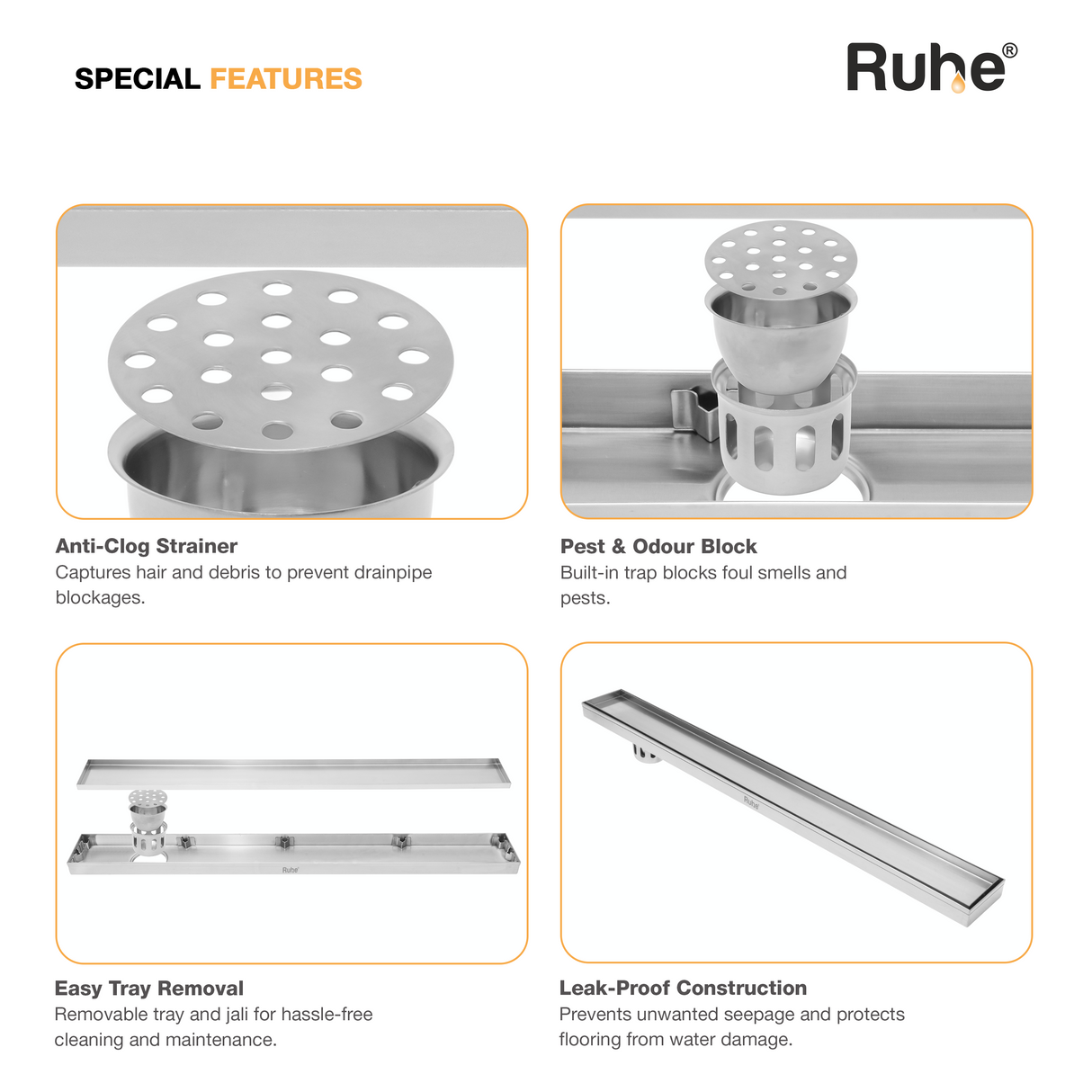 Marble-Insert Shower Drain Channel (4 Inches)