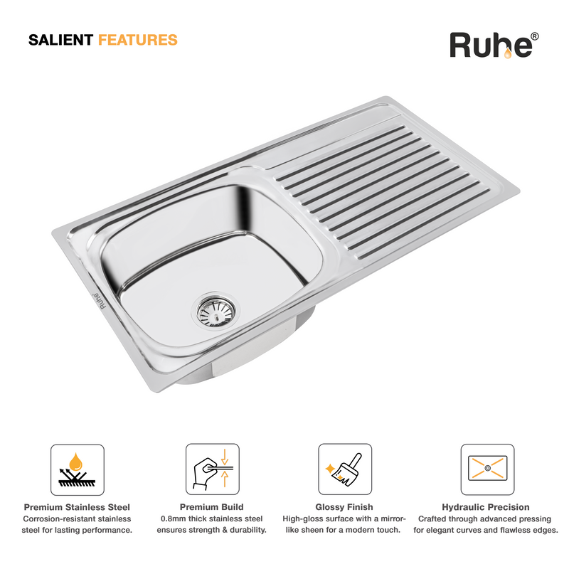 Oval Single Bowl with Drainboard Premium Kitchen Sink (37 x 18 x 8 Inches)