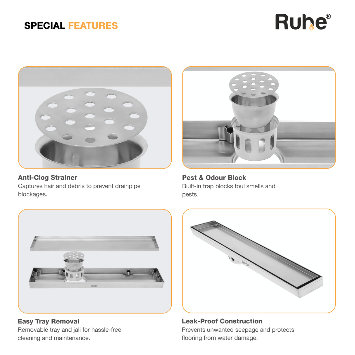 Marble-Insert Shower Drain Channel (3 Inches)