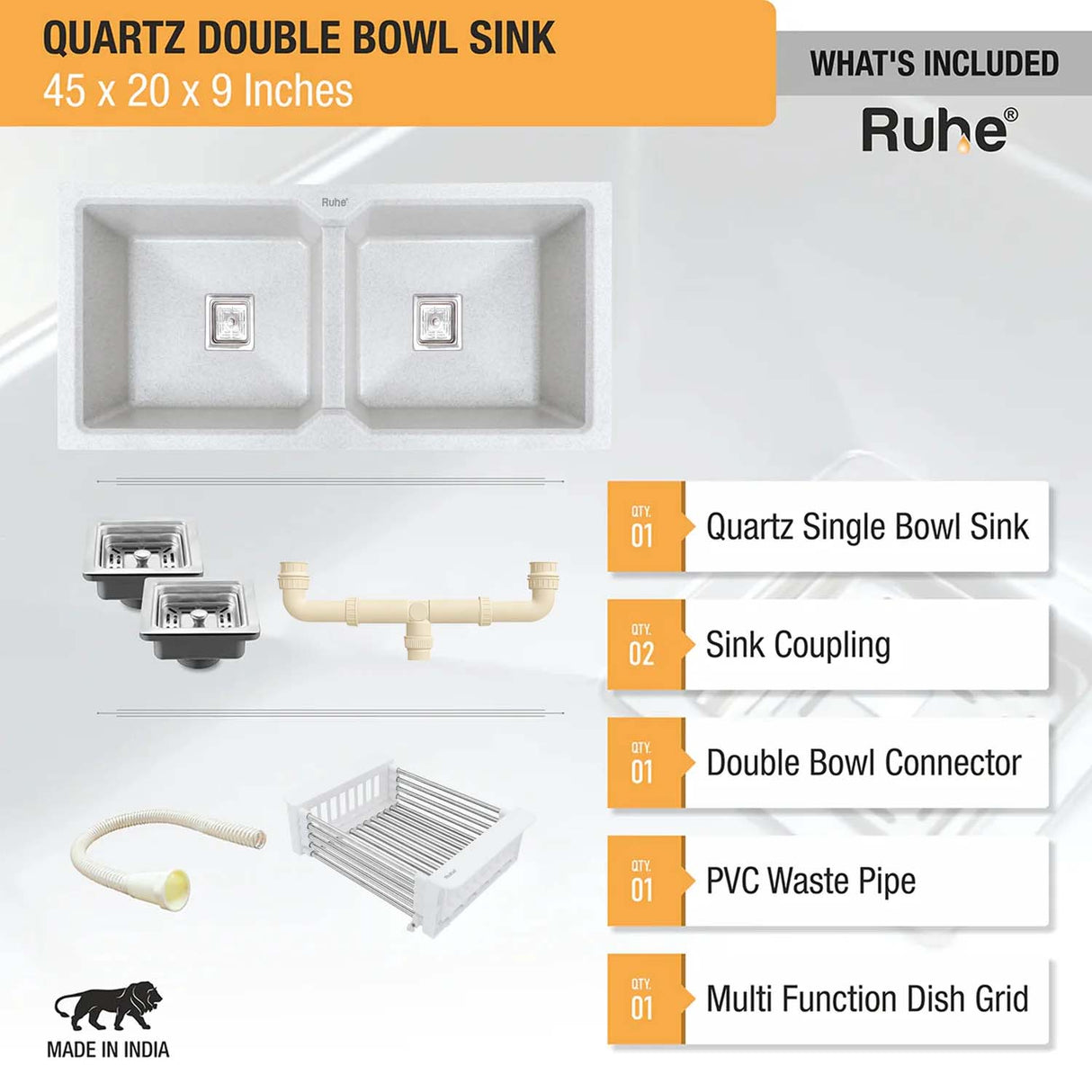 Quartz Double Bowl Kitchen Sink (45 x 20 x 9 inches)
