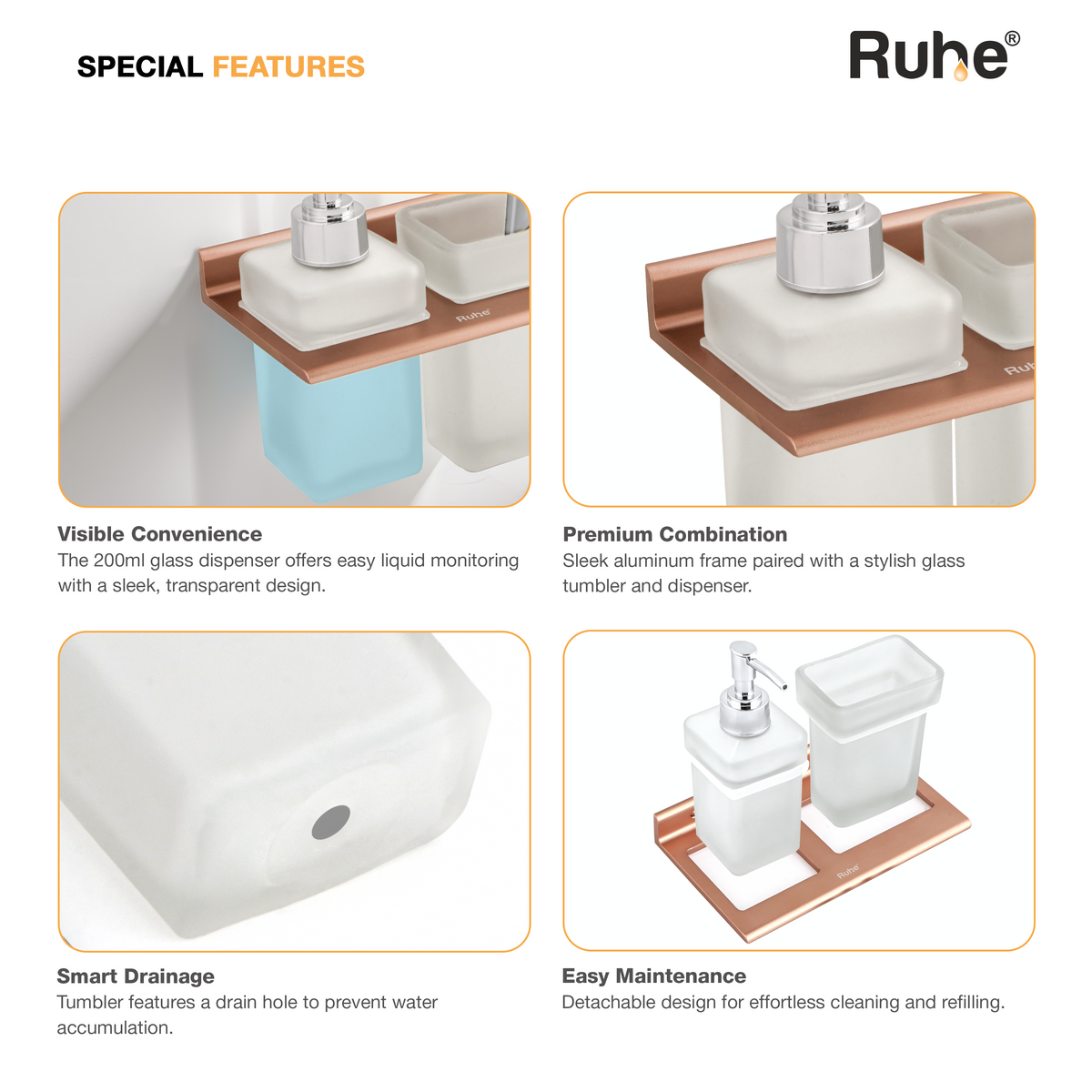 Ember Aluminium Soap Dispenser & Tumbler Holder with Glass Bottle & Tumbler
