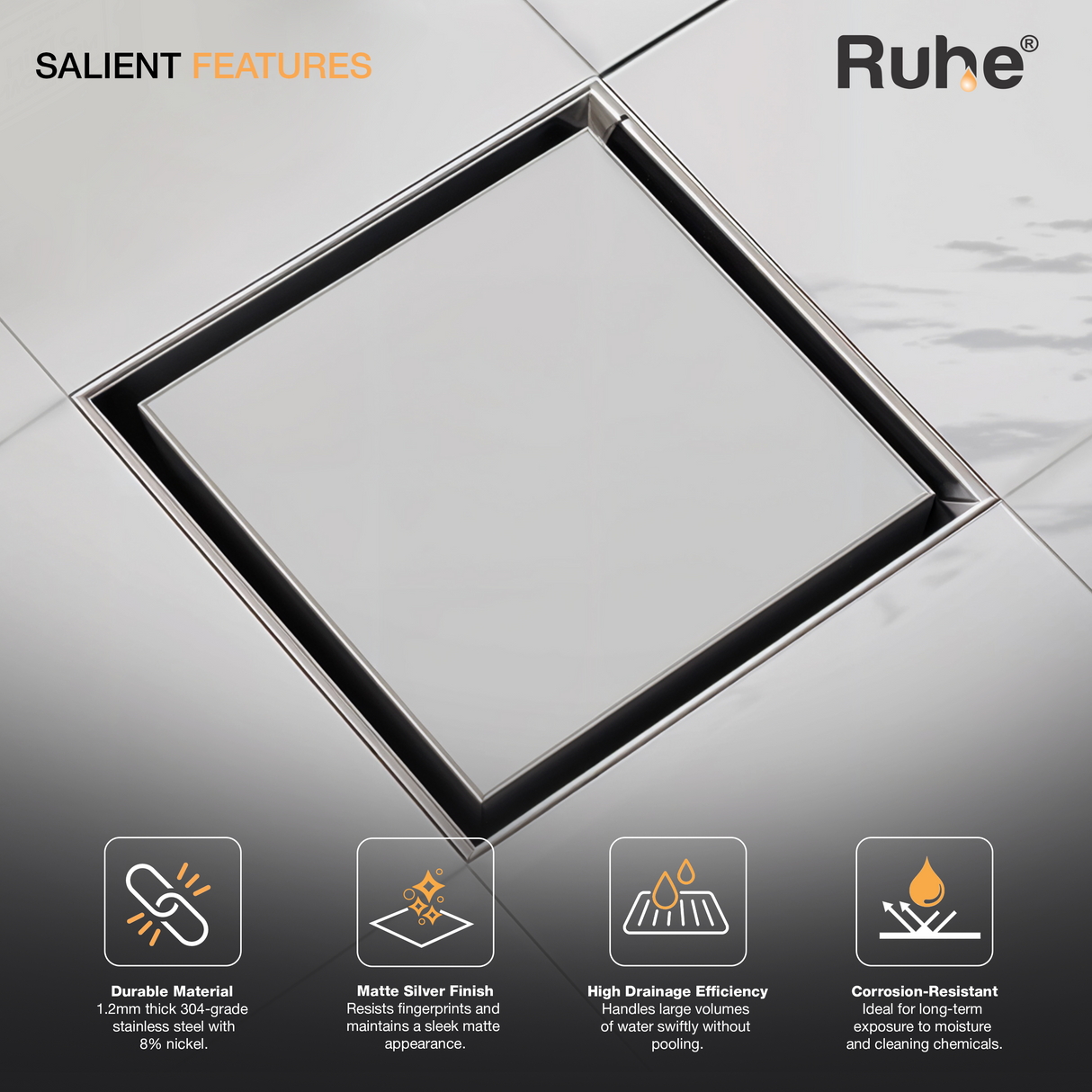 Marble-Insert Shower Drain Channel (6 x 6 Inches)