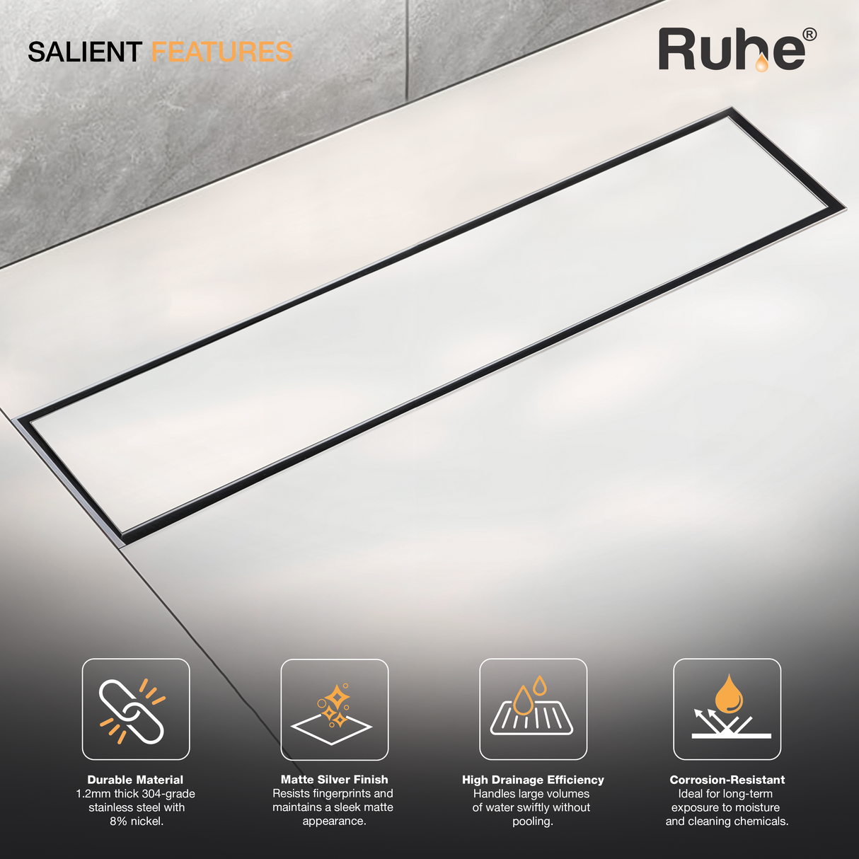 Marble-Insert Shower Drain Channel (3 Inches)