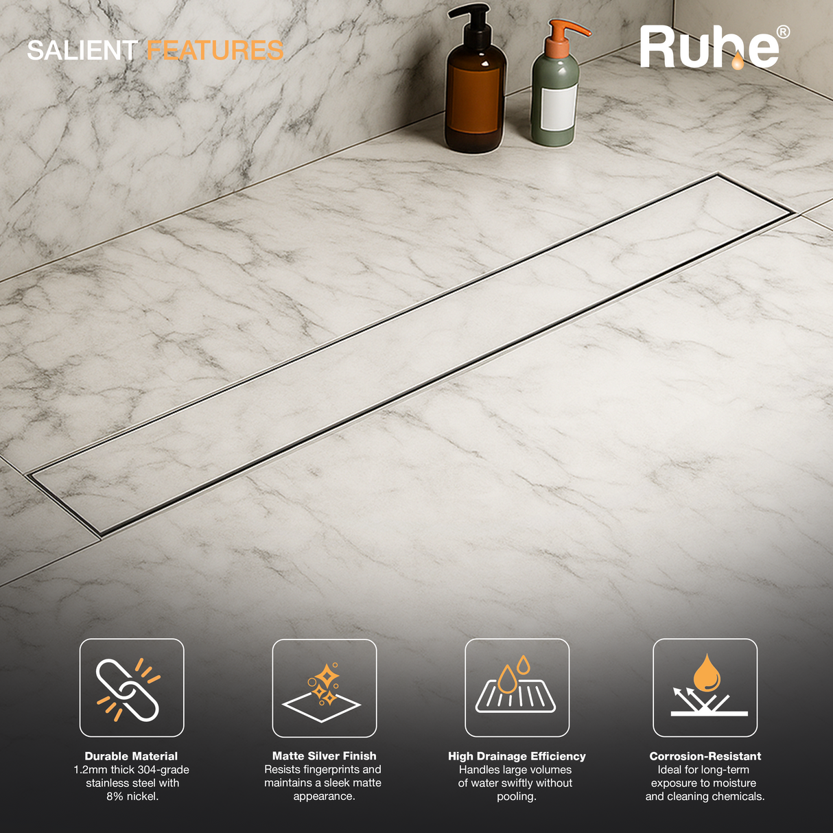 Marble-Insert Shower Drain Channel (4 Inches)