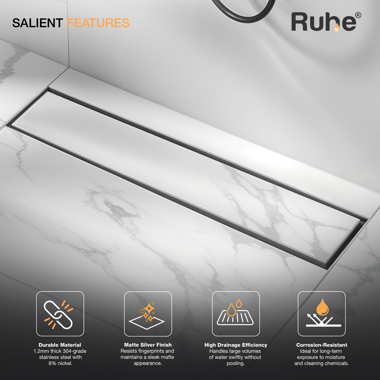 Marble-Insert Shower Drain Channel (3 Inches)