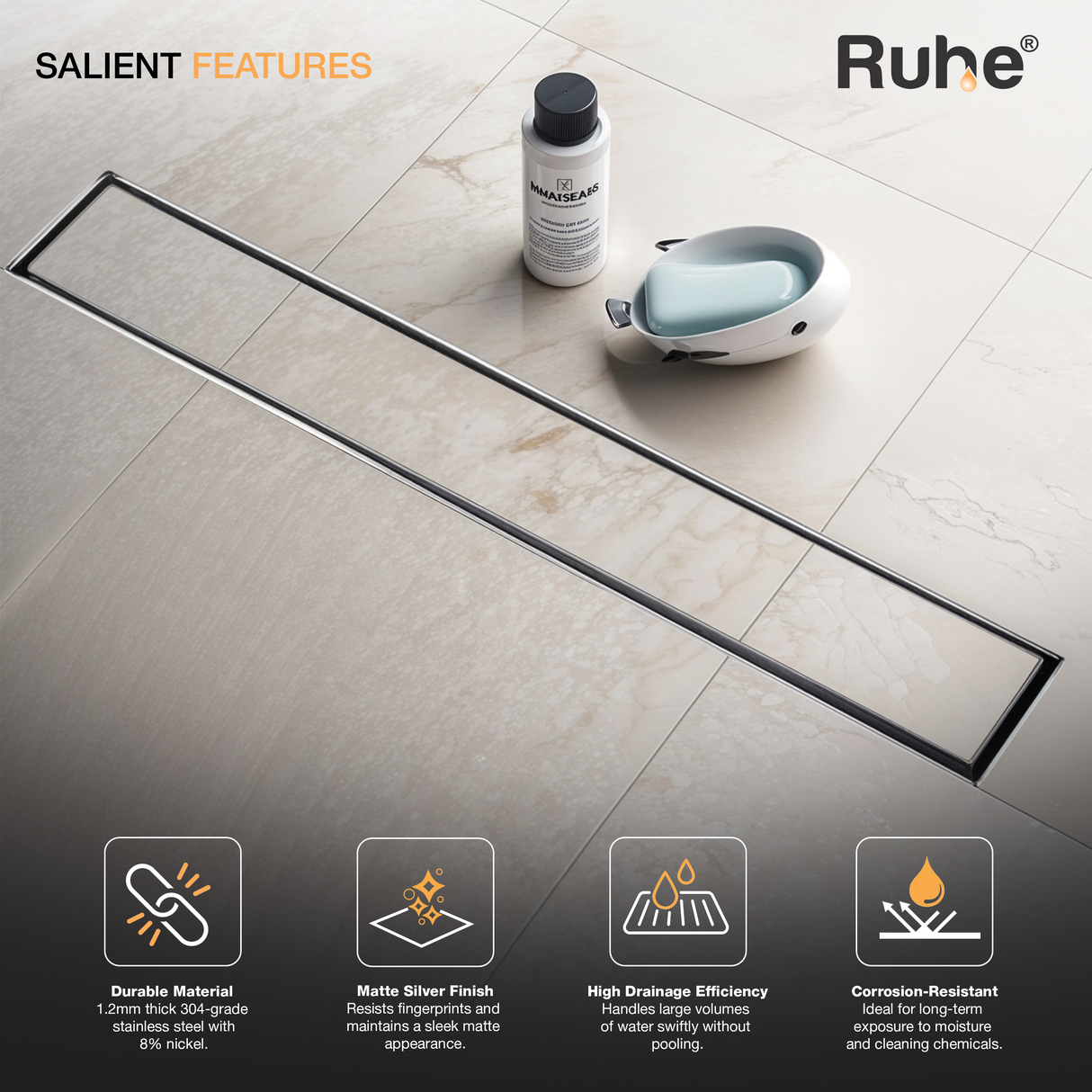 Tile-Insert Shower Drain Channel (2 Inches)