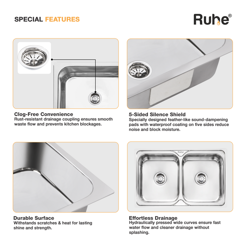 Double Bowl Premium Kitchen Sink (32 x 20 x 8 Inches)