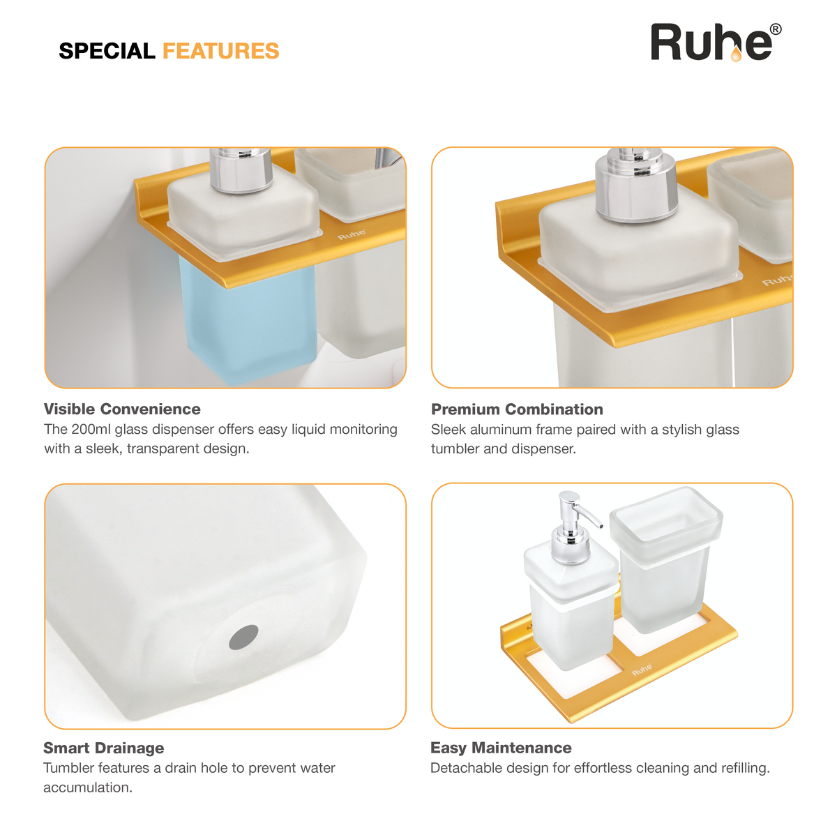 Ember Aluminium Soap Dispenser & Tumbler Holder with Glass Bottle & Tumbler