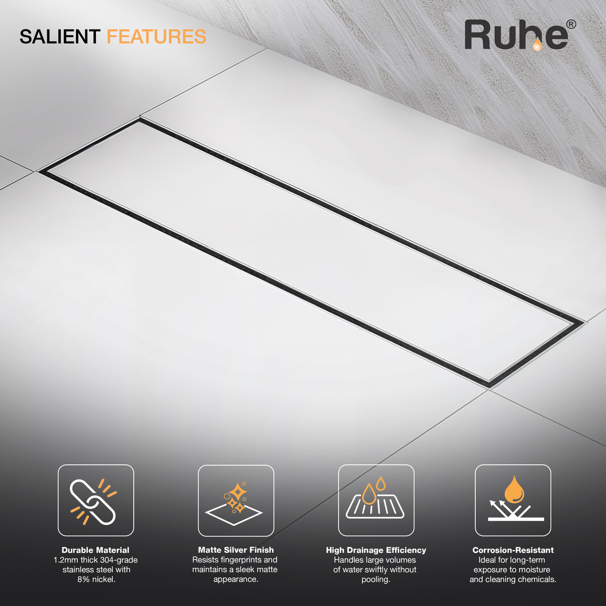 Tile-Insert Shower Drain Channel (4 Inches)