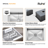 Ruhe kitchen sink features including clog-free convenience, 5-sided silence shield, organize the chaos, and quick drainage.