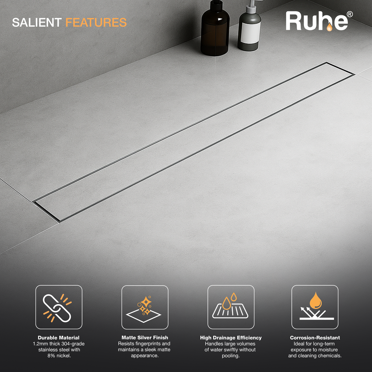 Marble-Insert Shower Drain Channel (4 Inches)