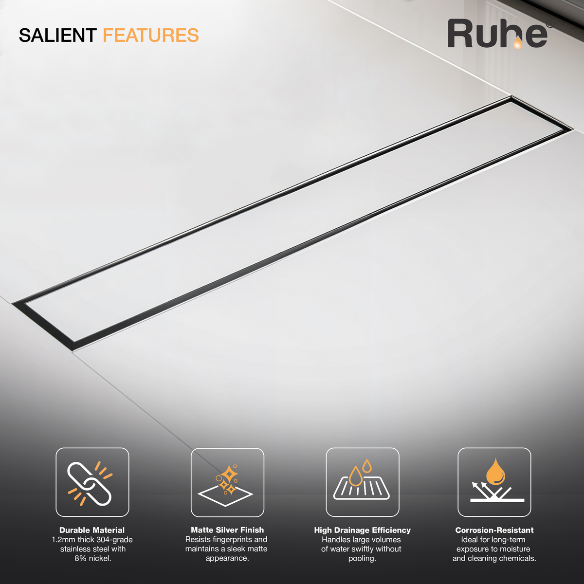 Tile-Insert 304-Grade Shower Drain Channel (3 Inches)