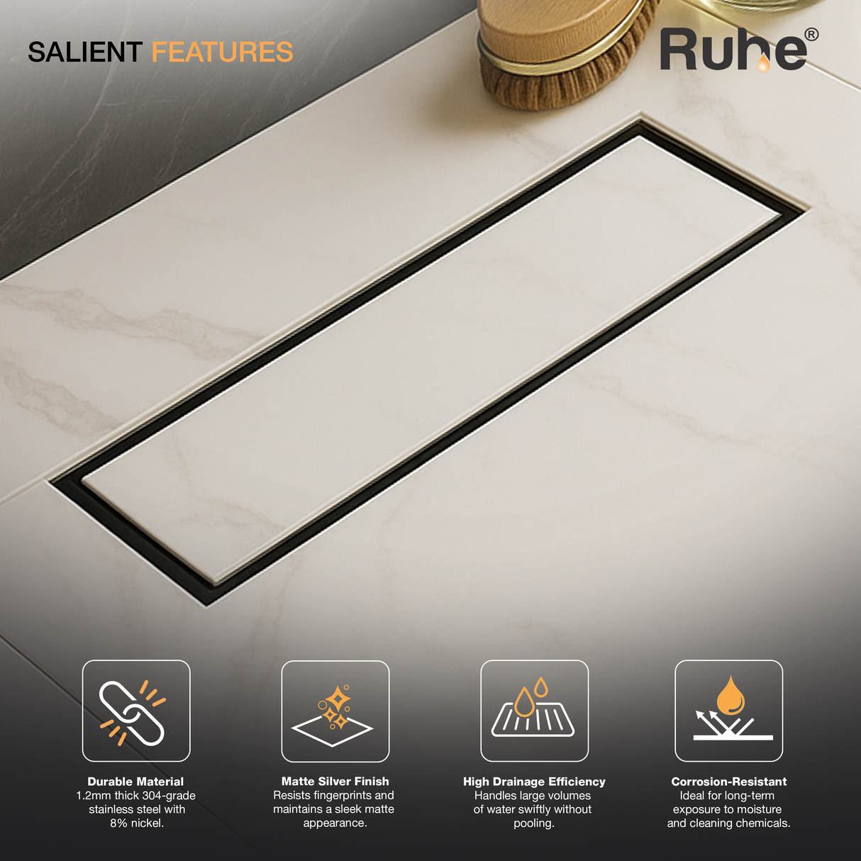 Marble-Insert Shower Drain Channel (4 Inches)