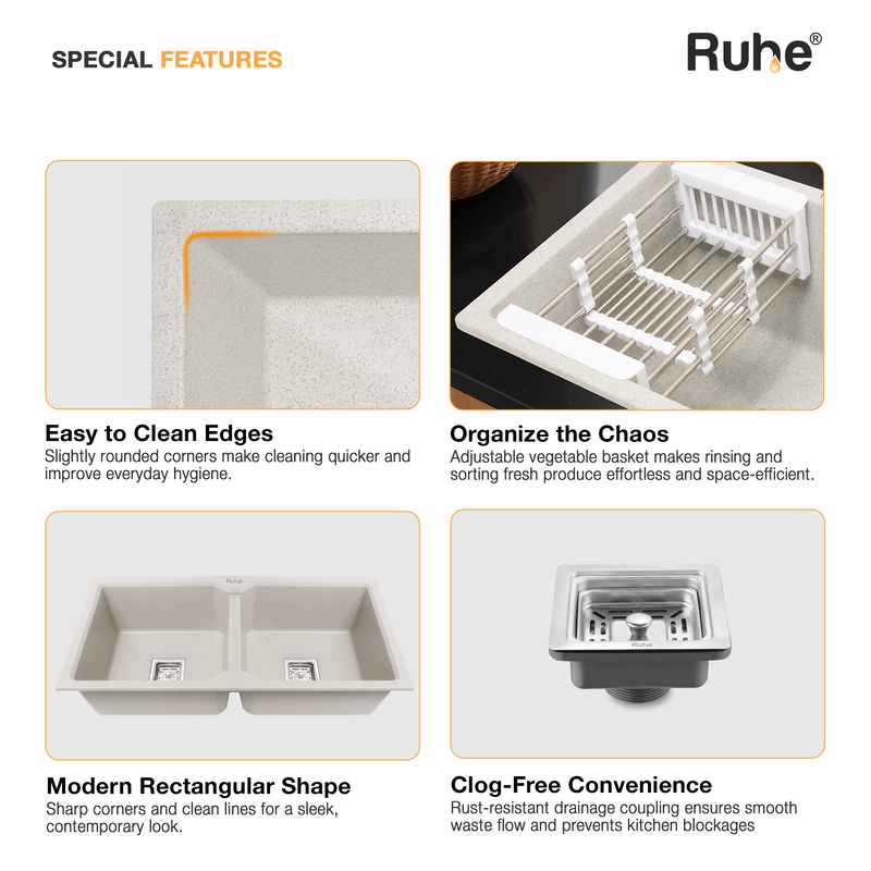 Quartz Double Bowl Kitchen Sink (37 x 18 x 9 Inches)