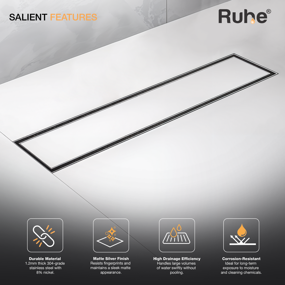 Marble-Insert Shower Drain Channel (4 Inches)