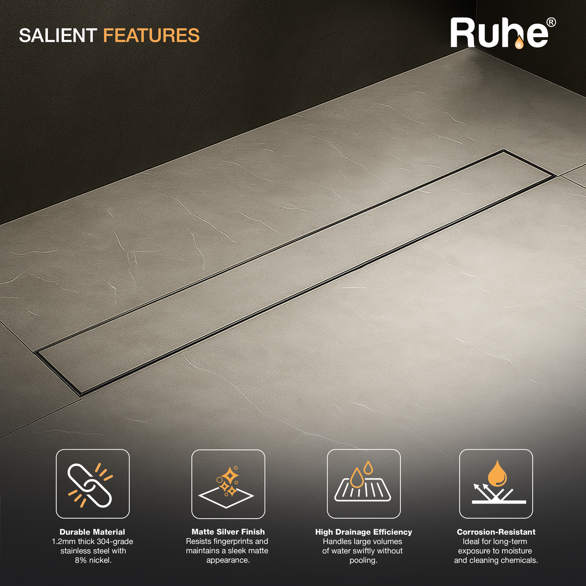 Tile-Insert 304-Grade Shower Drain Channel (3 Inches)