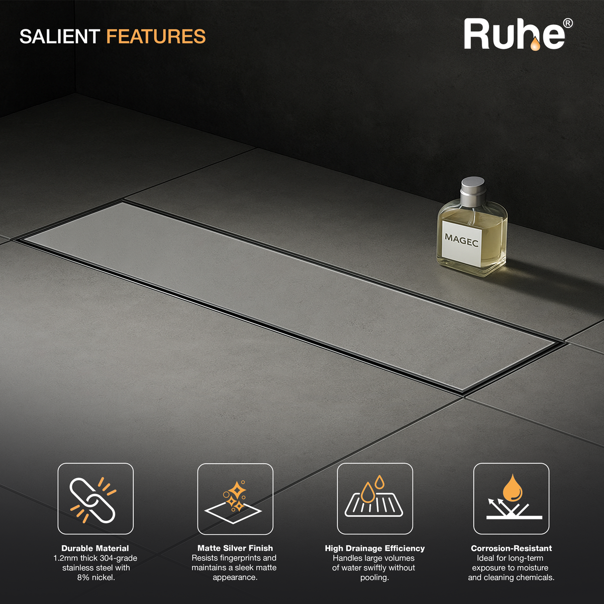 Marble-Insert Shower Drain Channel (4 Inches)