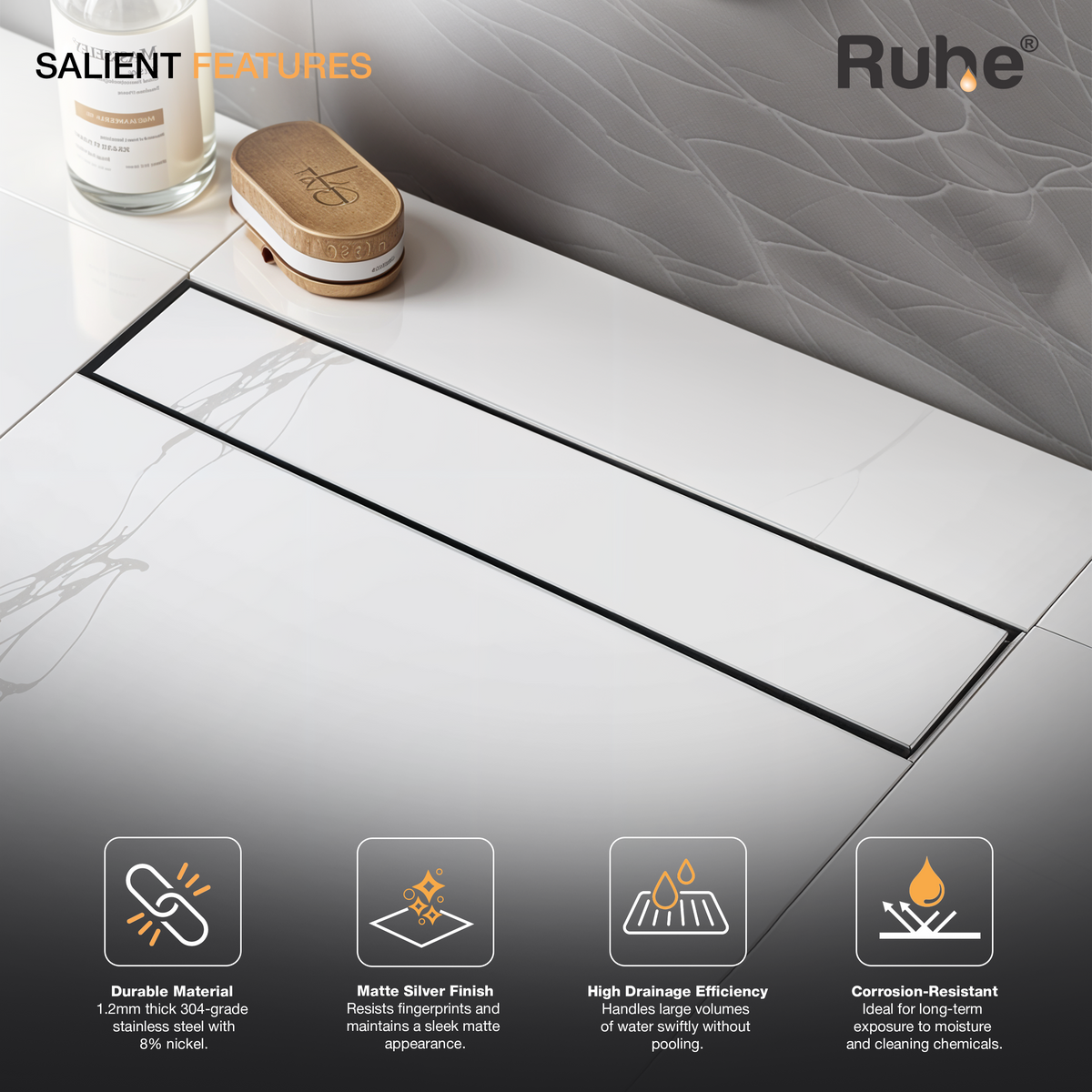 Tile-Insert 304-Grade Shower Drain Channel (3 Inches)