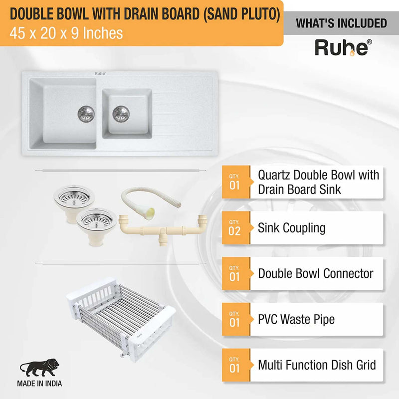 Quartz Double Bowl with Drainboard Kitchen Sink Crystal White (45 x 20 x 9 inches)