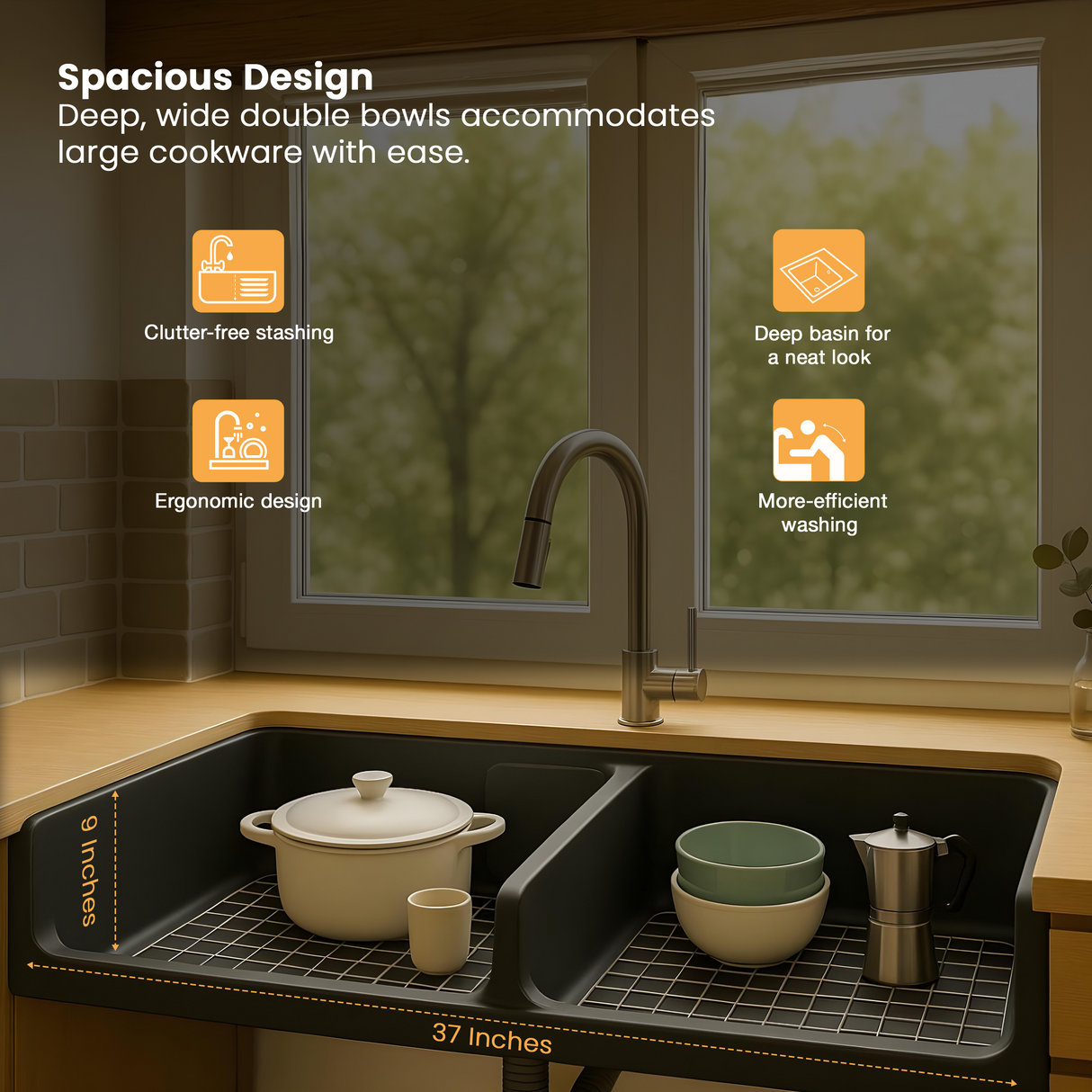 Quartz Double Bowl Kitchen Sink (37 x 18 x 9 Inches)