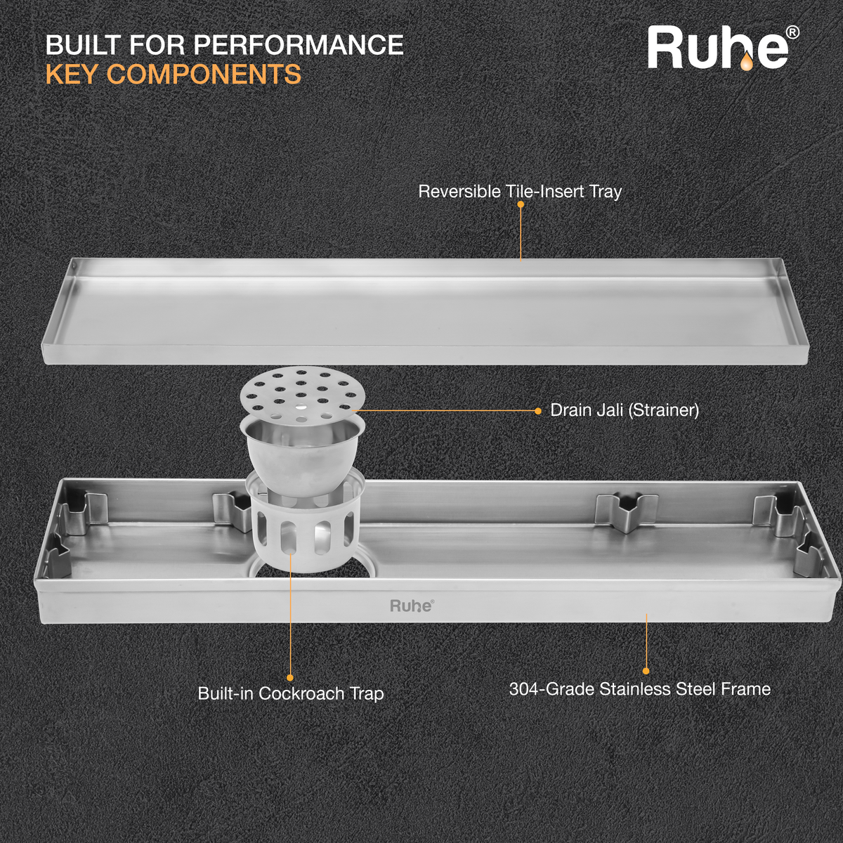 Tile-Insert 304-Grade Shower Drain Channel (3 Inches)