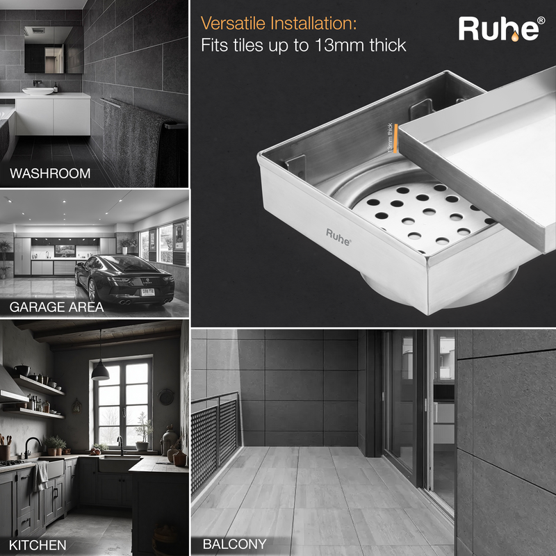 Tile-Insert Shower Drain Channel (6 x 6 Inches)