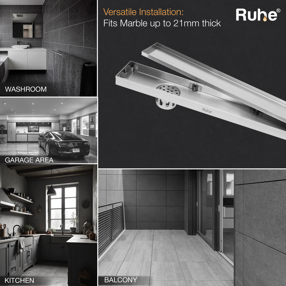 Marble-Insert Shower Drain Channel (4 Inches)