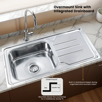 Single Bowl with Drainboard Kitchen Sink (42 x 20 x 9 Inches), With Undermount and Overmount Installation