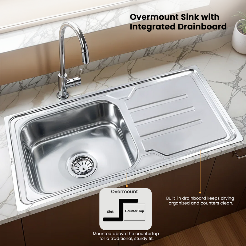 Single Bowl with Drainboard Kitchen Sink 304-Grade (42 x 20 x 9 Inches)