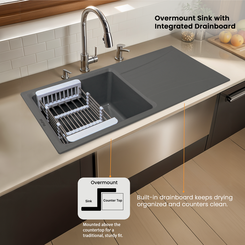 Quartz Single Bowl with Drainboard Kitchen Sink (36 x 18 x 9 Inches)