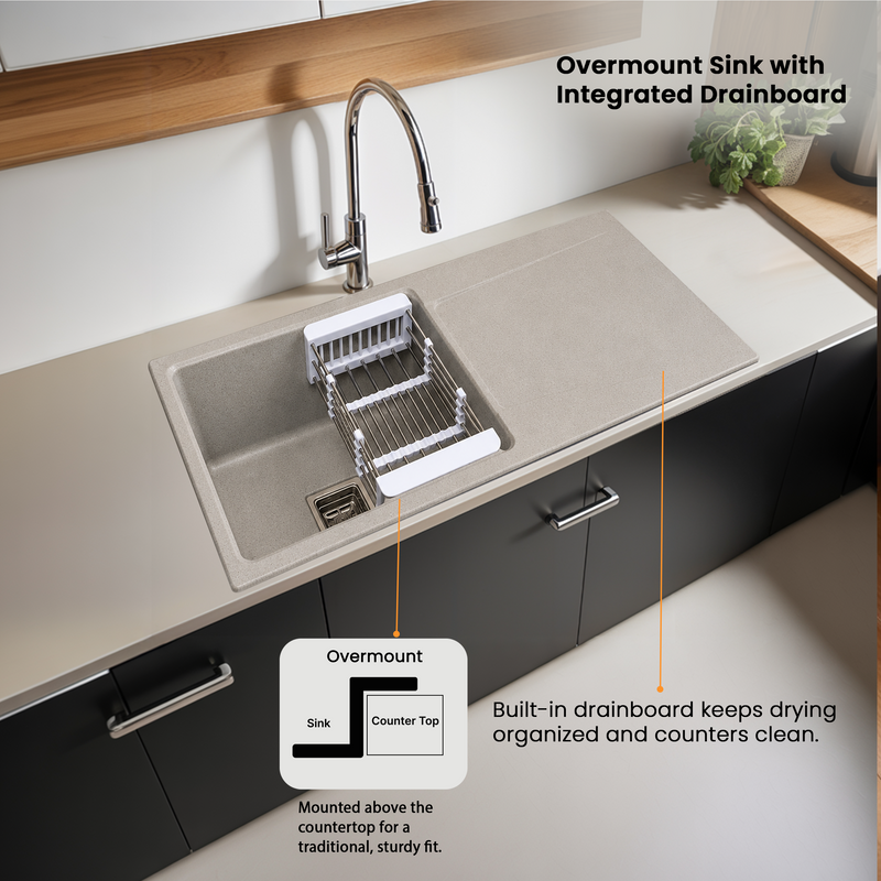Quartz Single Bowl with Drainboard Kitchen Sink (36 x 18 x 9 Inches)