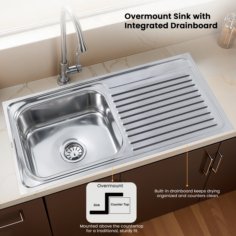 Single Bowl with Drainboard Kitchen Sink (37 x 18 x 8 Inches)