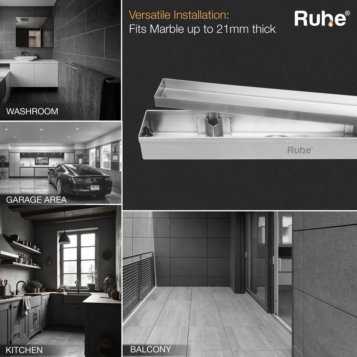 Marble-Insert Shower Drain Channel (2 Inches)