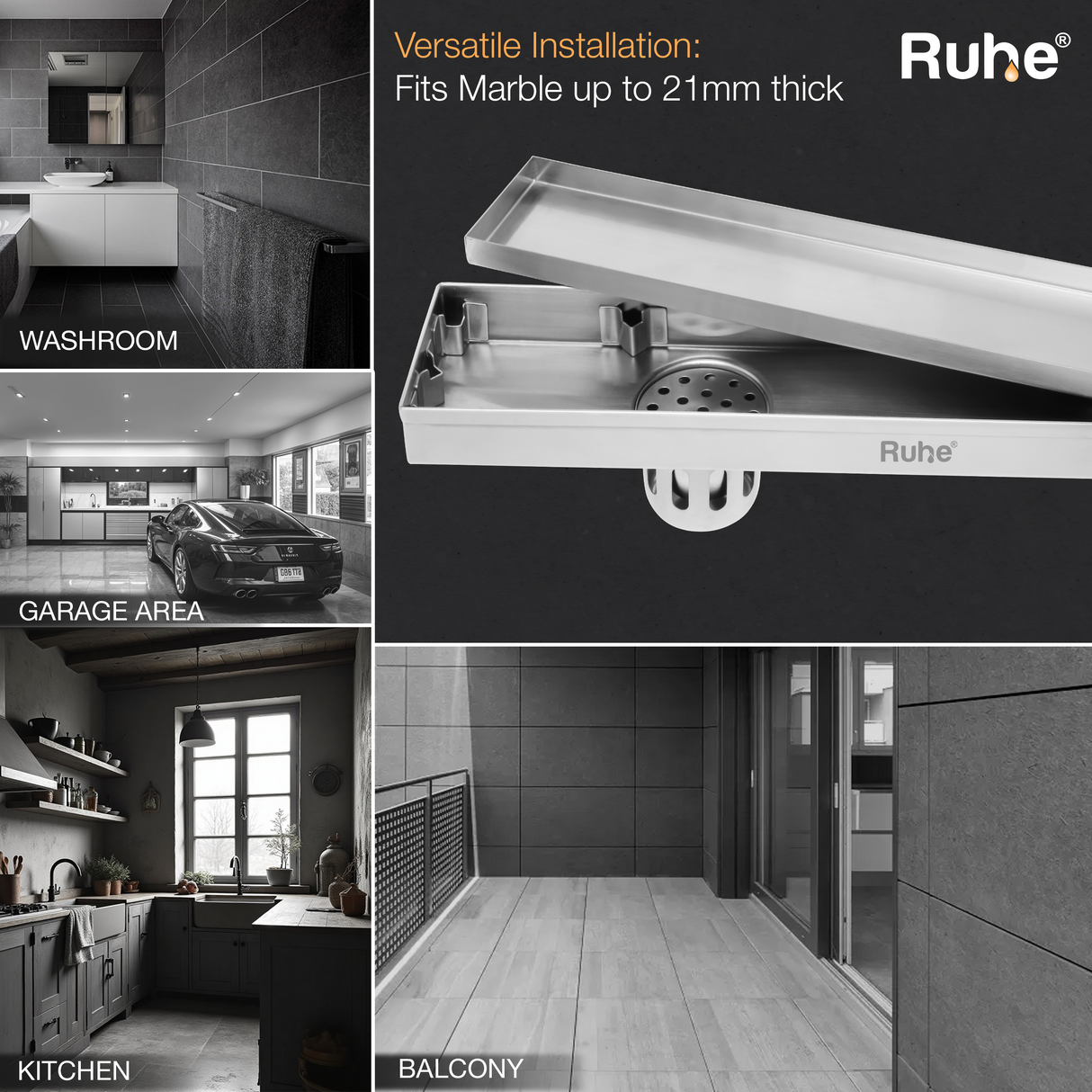 Marble-Insert Shower Drain Channel (4 Inches)