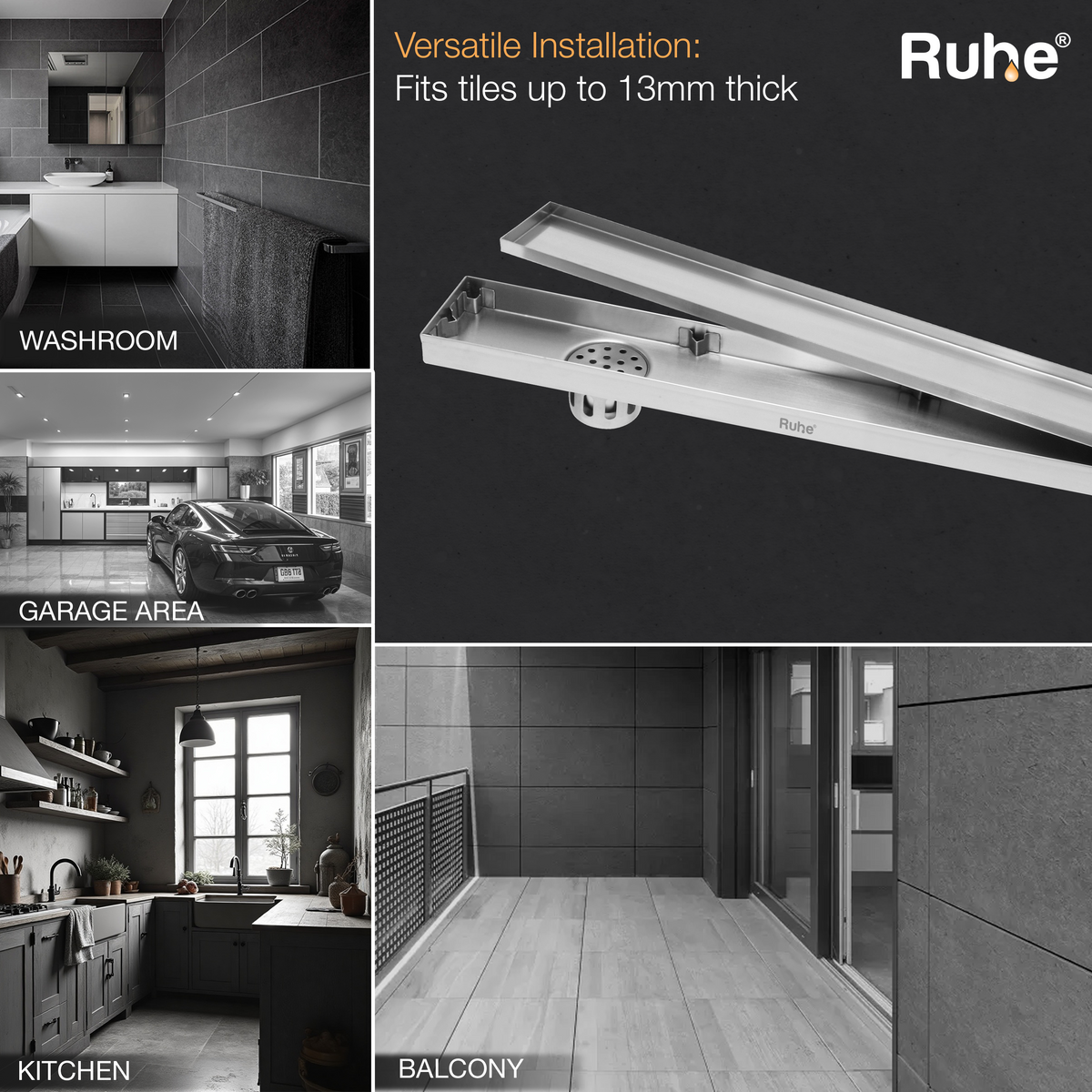Tile-Insert Shower Drain Channel (3 Inches) – Ruhe