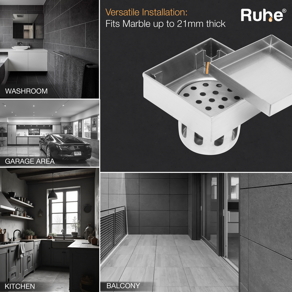 Marble-Insert Shower Drain Channel (4 x 4 Inches)